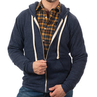Navy Blue Marled Heather Full Zip Hooded Tri-Blend Fleece Sweatshirt - Made in USA