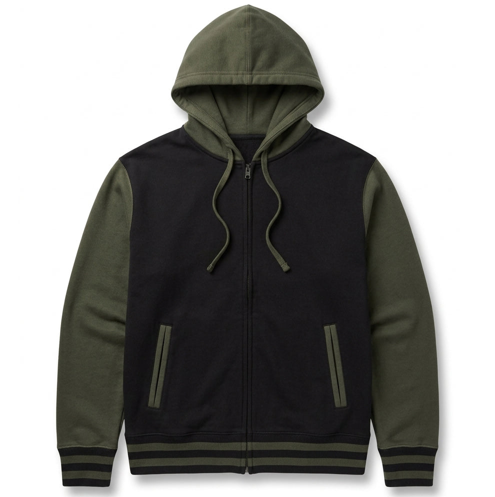 Army Green and Black Full ZIp Fleece Varsity Hoodie