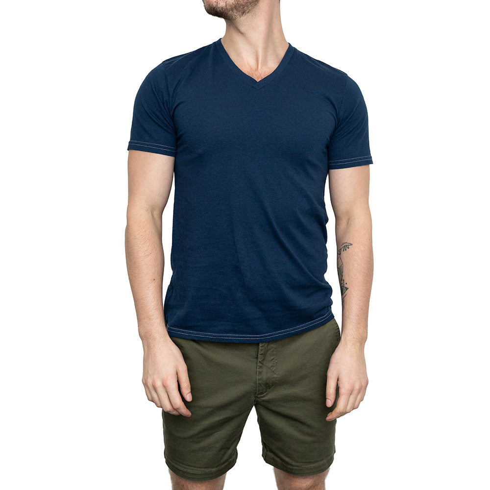 Navy Blue Cotton V-Neck Short Sleeve Tee - Made In USA