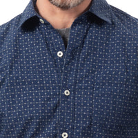 "MARCUS" -  Blue Japanese Geometric Grid Print Long Sleeve Shirt - Made in USA