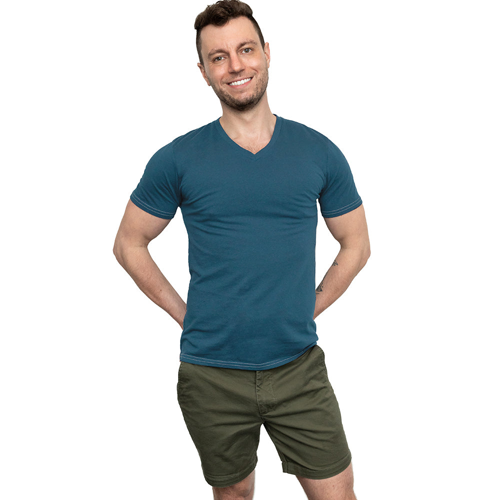 Teal Blue Cotton V-Neck Short Sleeve Tee - Made In USA (Size S)