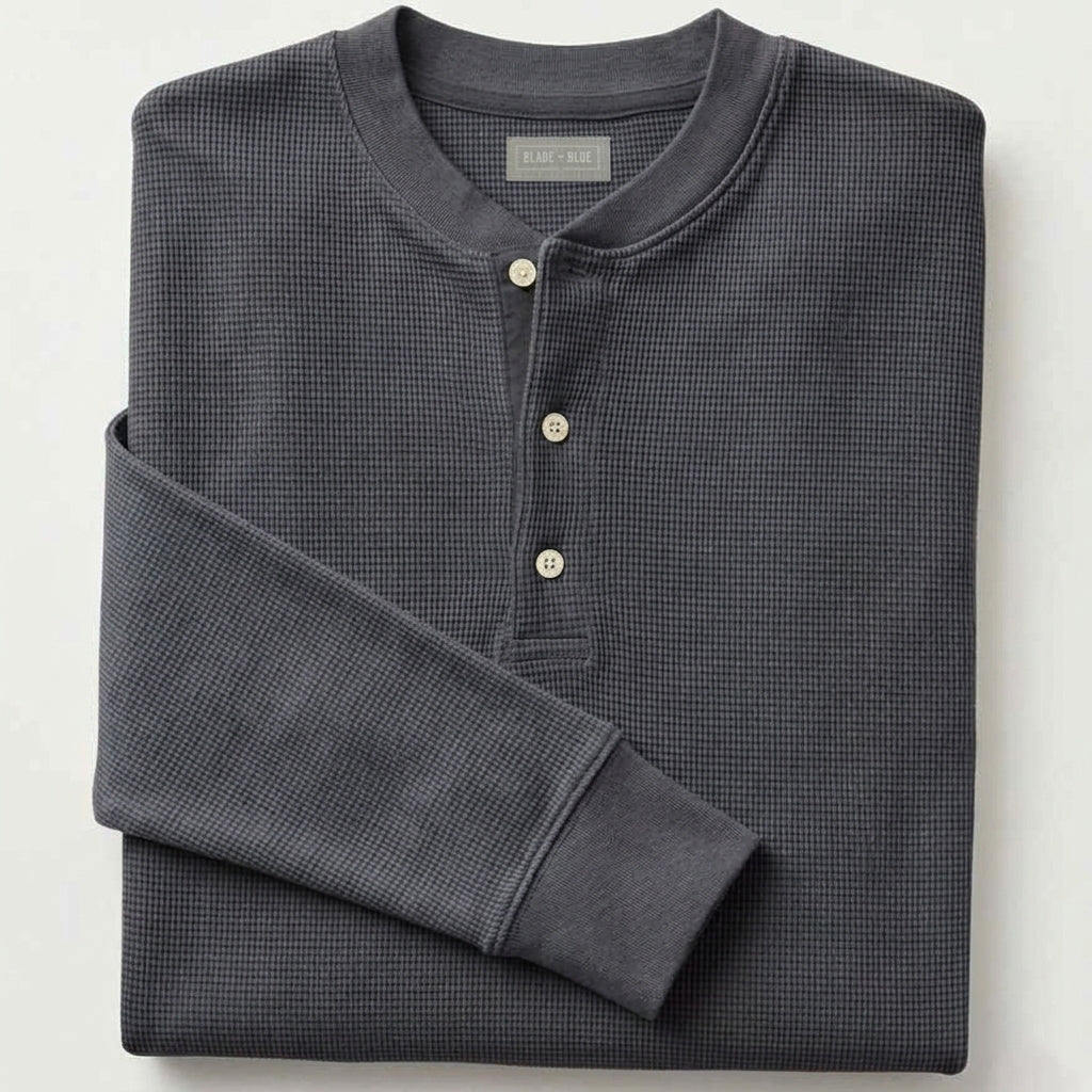 "RUSHER": Waffle Stitch Long Sleeve Military Henley Shirt in Carbon Gray - Made in USA