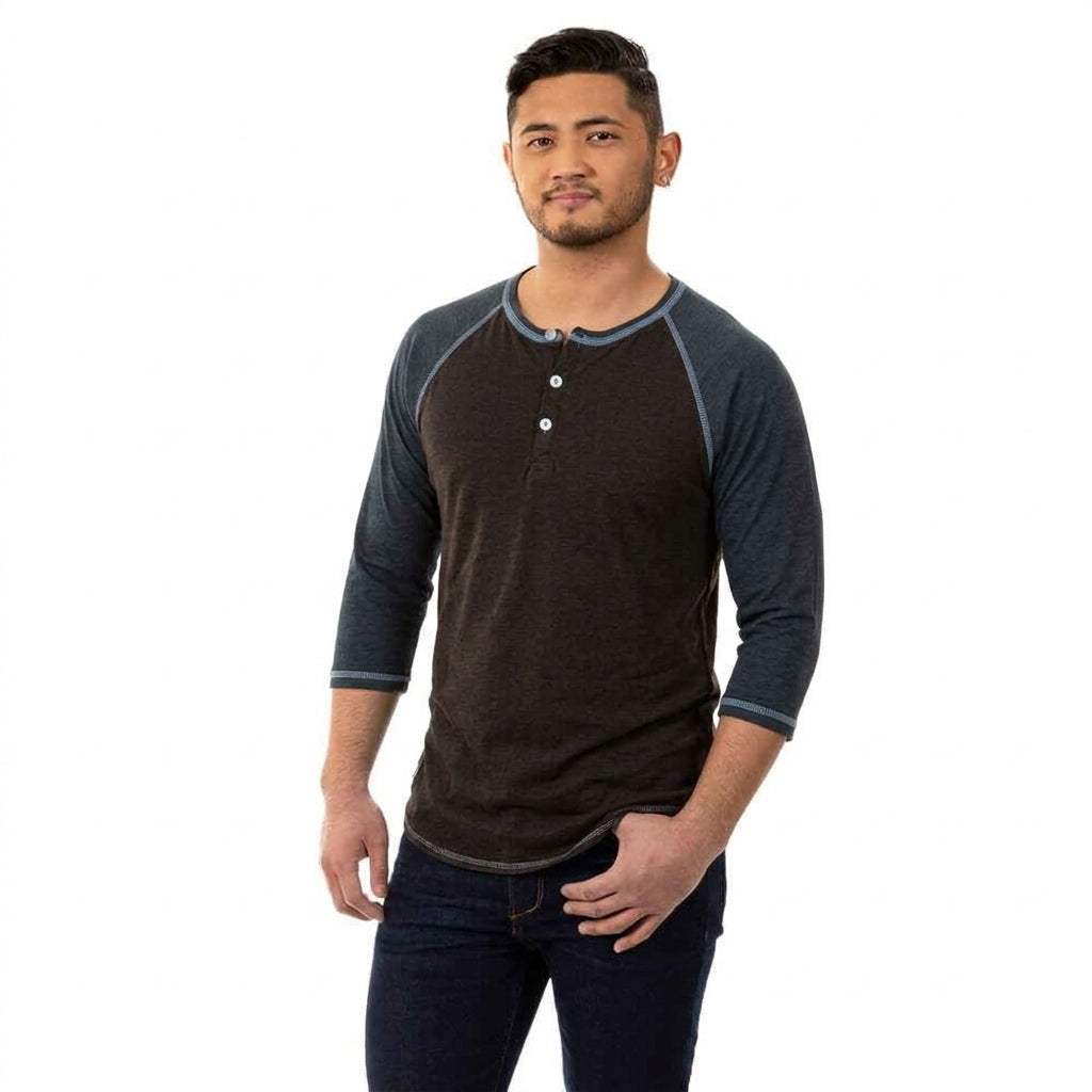Tri-Blend Contrast 3/4 Sleeve Baseball Henley Shirt in Espresso &amp; Steel Blue- Made in USA