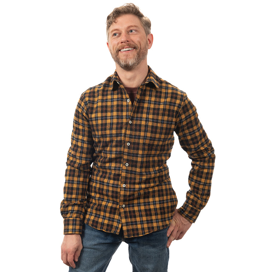 "SHIPLEY" - Golden Heather Herringbone Weave Small Check Cotton Flannel Shirt - Made in USA