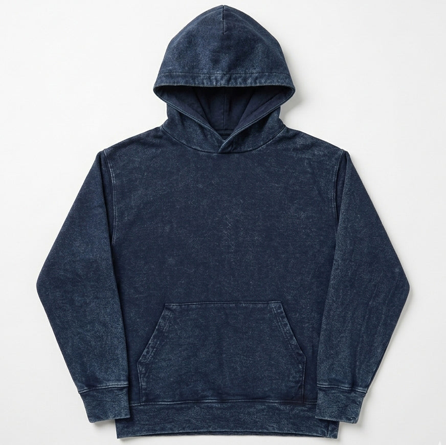 Indigo Dyed Denim Stonewash French Terry Popover Hoodie