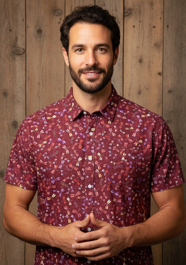 GABRIEL Short Sleeve Shirt in Red Japanese Dragonfly Print