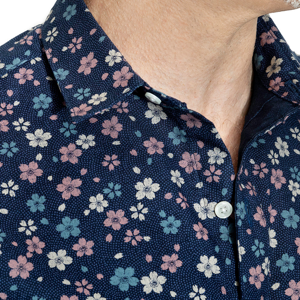 BOXTER Short Sleeve Shirt in Blue & Pink Japanese Floral Print (Size L)