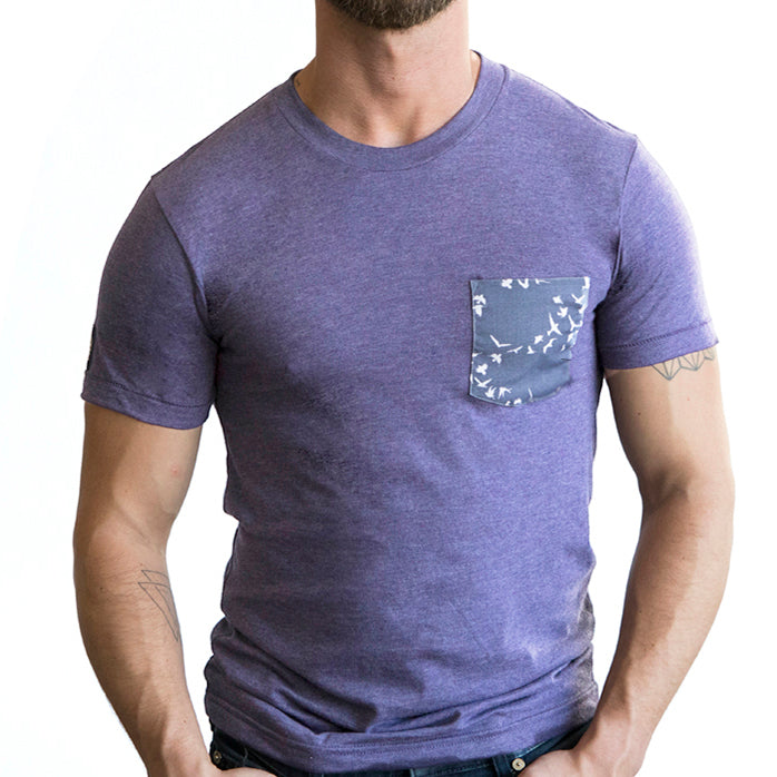 Purple Heather With Flying Birds Print Pocket T-Shirt