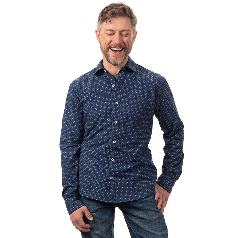 "MARCUS" -  Blue Japanese Geometric Grid Print Long Sleeve Shirt - Made in USA