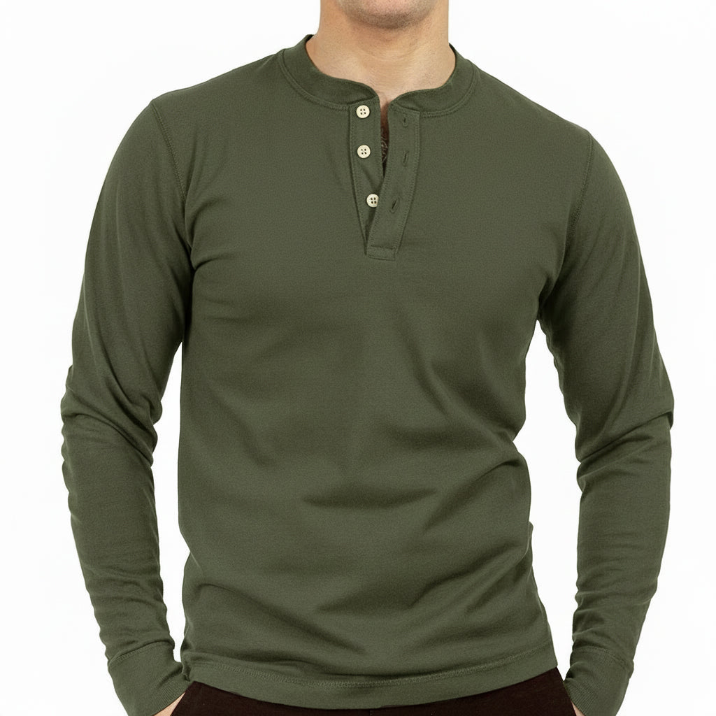 Olive Green Heavyweight Army Surplus Long Sleeve Henley Shirt