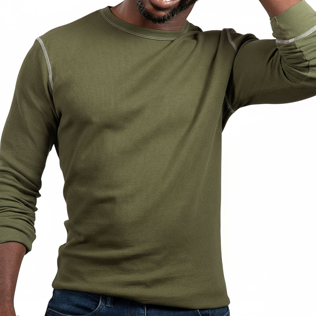 Military Green Contrast Stitch Textured Long Sleeve Layering T-Shirt