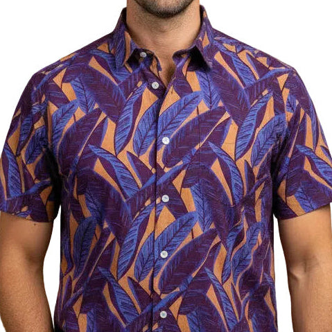 RAFAEL Short Sleeve Shirt in Purple &amp; Tangerine Tropical Palms Print
