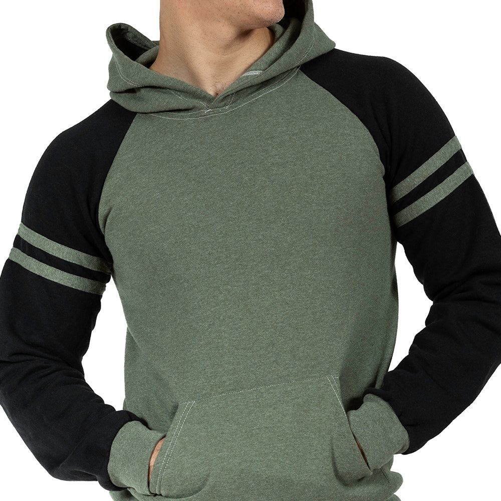 Olive Heather & Black Varsity Stripe Popover Hoodie
