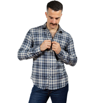 RICHMOND Long Sleeve Shirt in Brushed Cotton Blue &amp; White Herringbone Weave Plaid