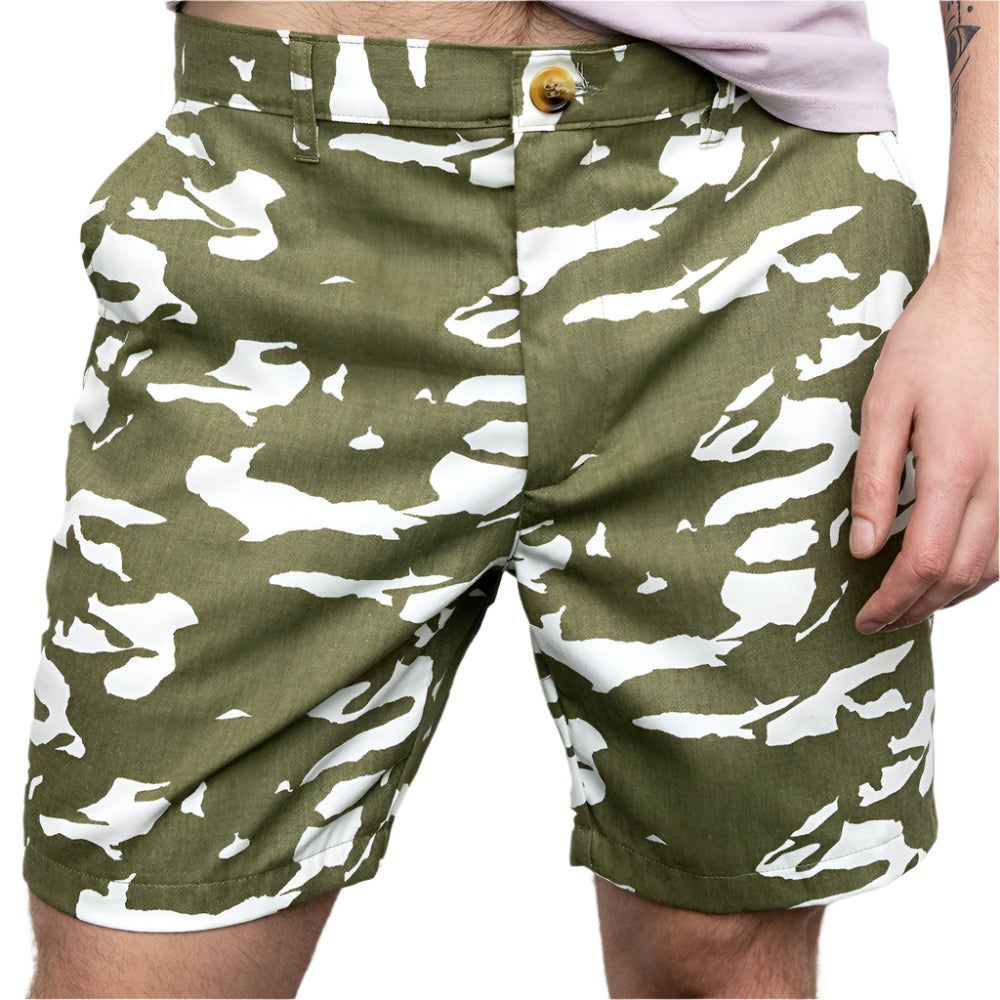 Olive & White Abstract Tiger Stripe Japanese Print Cotton Shorts - Made in USA (SIZE 32)