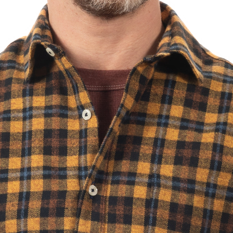 "SHIPLEY" - Golden Heather Herringbone Weave Small Check Cotton Flannel Shirt - Made in USA