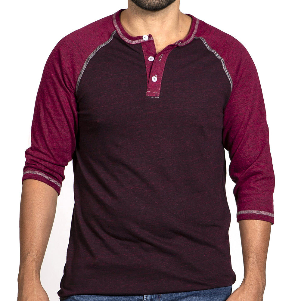 50% OFF AFTER CODE WOW25: Burgundy & Cranberry Contrast 3/4 Raglan Sleeve Henley - Made In USA