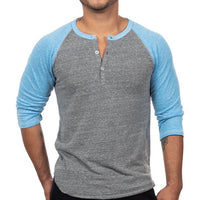 75% OFF AFTER CODE: WOW25 Sky Blue & Heather Grey Contrast 3/4 Raglan Sleeve Tri-Blend Henley - Made In USA