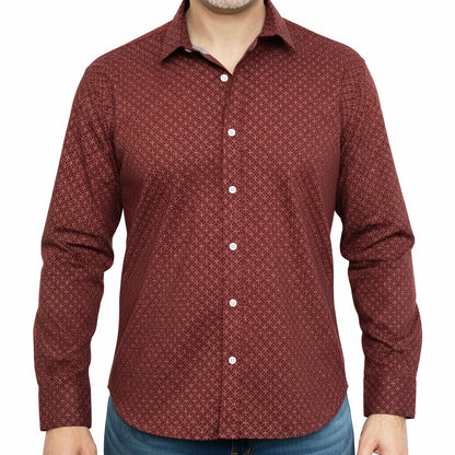 ETHAN Long Sleeve Shirt in Brick Red Geometric Floral