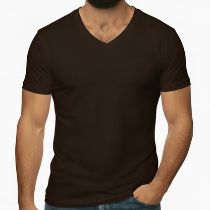 The "VICTOR" Chocolate Brown Cotton V-Neck Short Sleeve Tee - Made In USA (SIZE L)