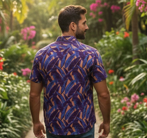 RAFAEL Short Sleeve Shirt in Purple &amp; Tangerine Tropical Palms Print