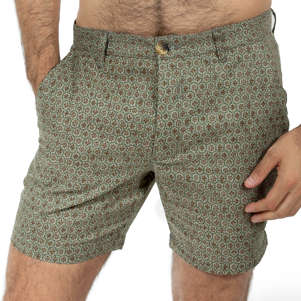 Khaki Japanese Floral Mosaic Print Cotton Shorts - Made in USA