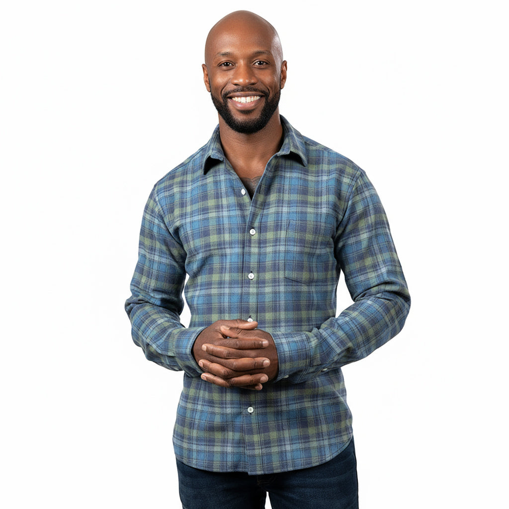 VAUGHN Long Sleeve Shirt in Brushed Organic Cotton Blue &amp; Green Flannel Plaid