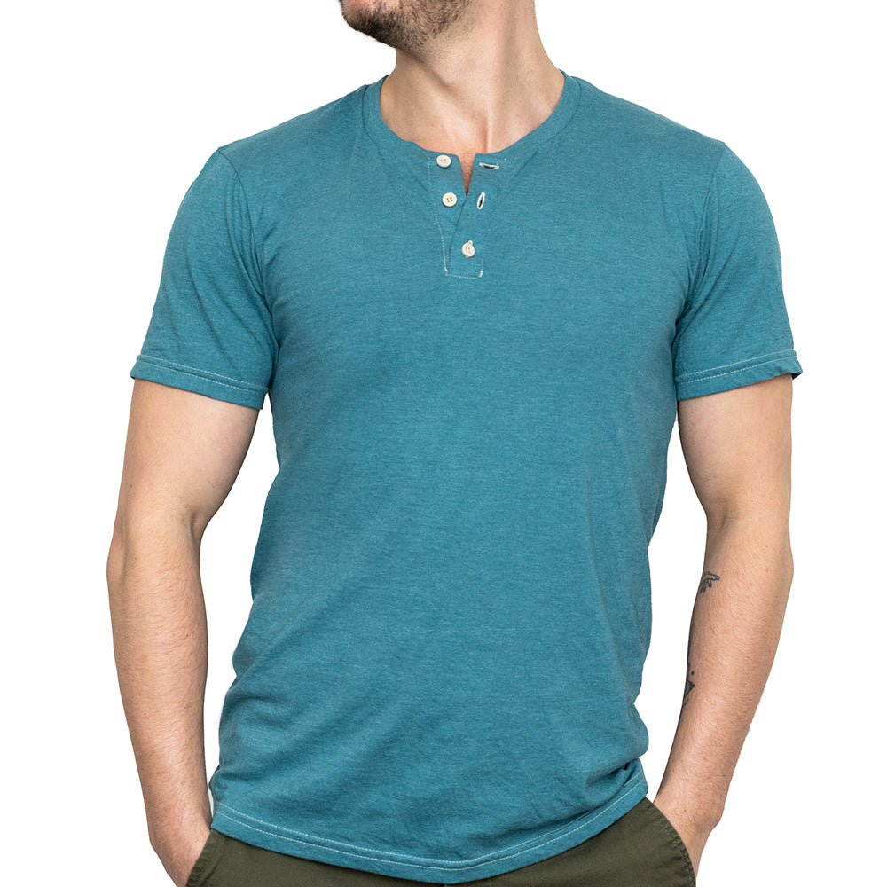THE "SLUGGER" Short Sleeve Henley Tee in Teal Blue