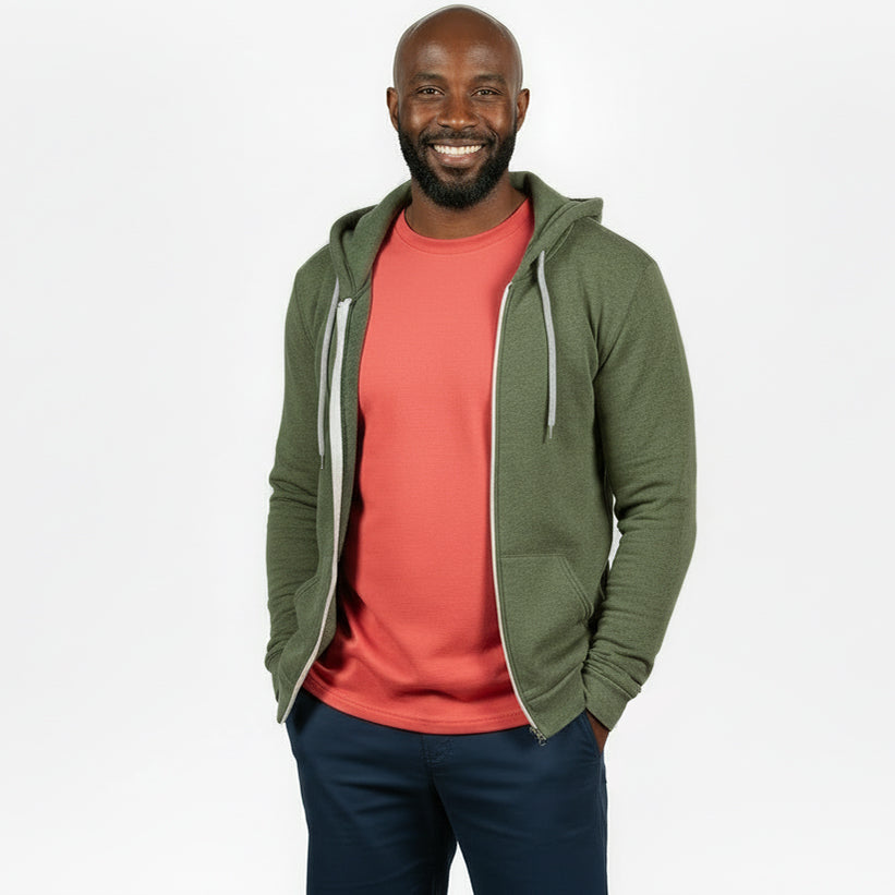 The "Starter" Full Zip 50/50 Hoodie in Army Green Heather