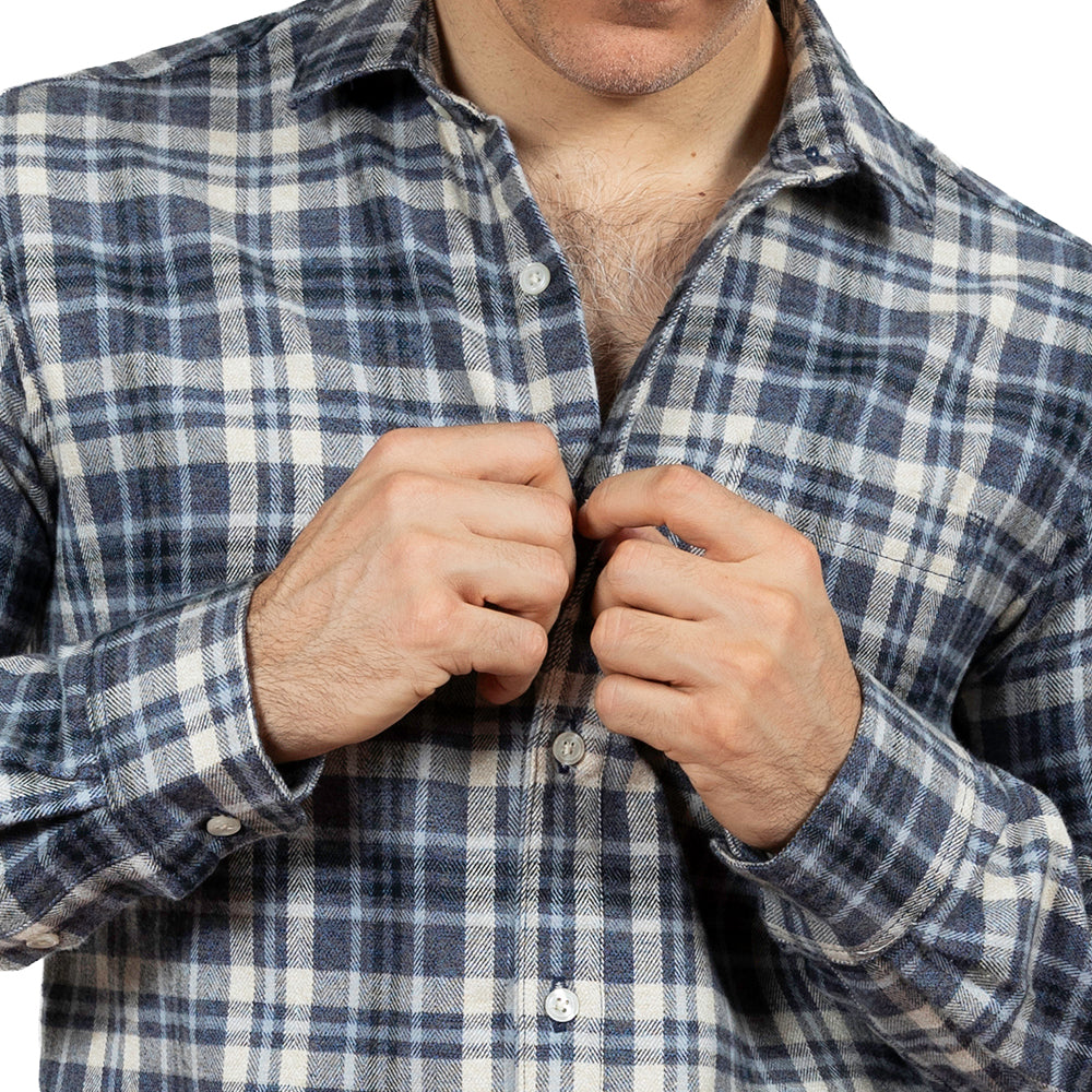 RICHMOND Long Sleeve Shirt in Brushed Cotton Blue &amp; White Herringbone Weave Plaid