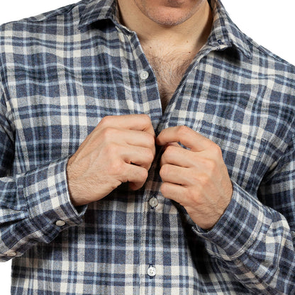 RICHMOND Long Sleeve Shirt in Brushed Cotton Blue &amp; White Herringbone Weave Plaid