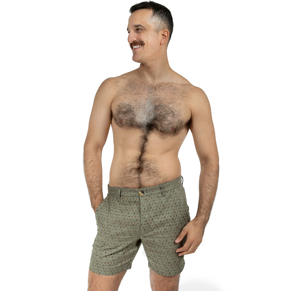 Khaki Japanese Floral Mosaic Print Cotton Shorts - Made in USA