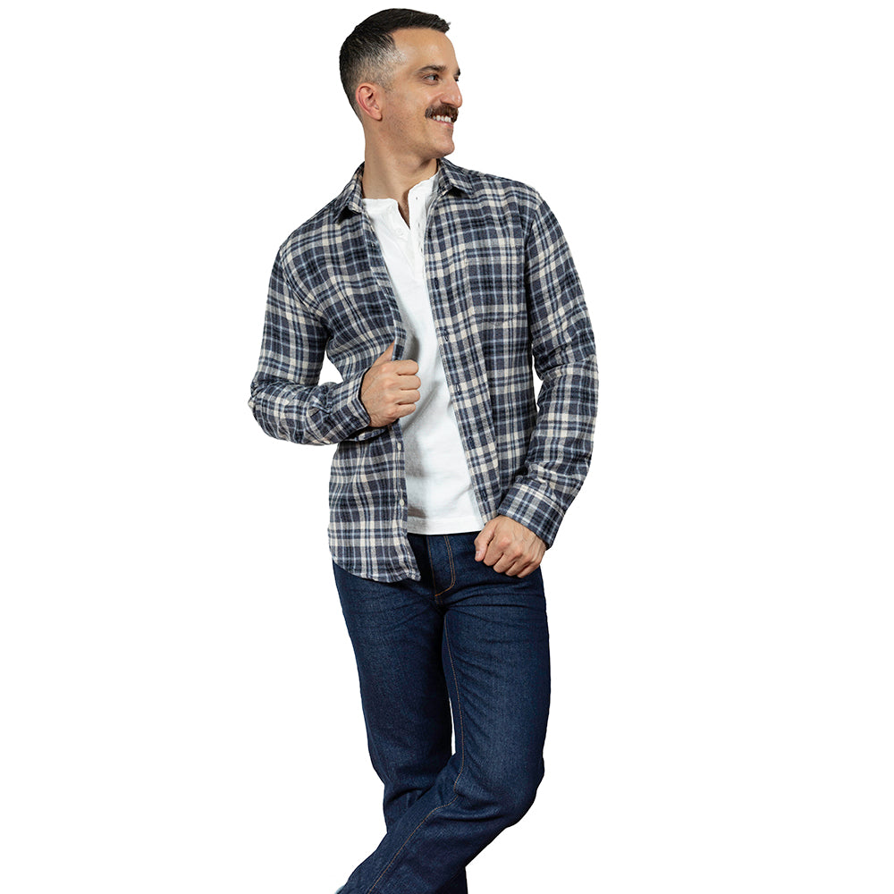 RICHMOND Long Sleeve Shirt in Brushed Cotton Blue &amp; White Herringbone Weave Plaid