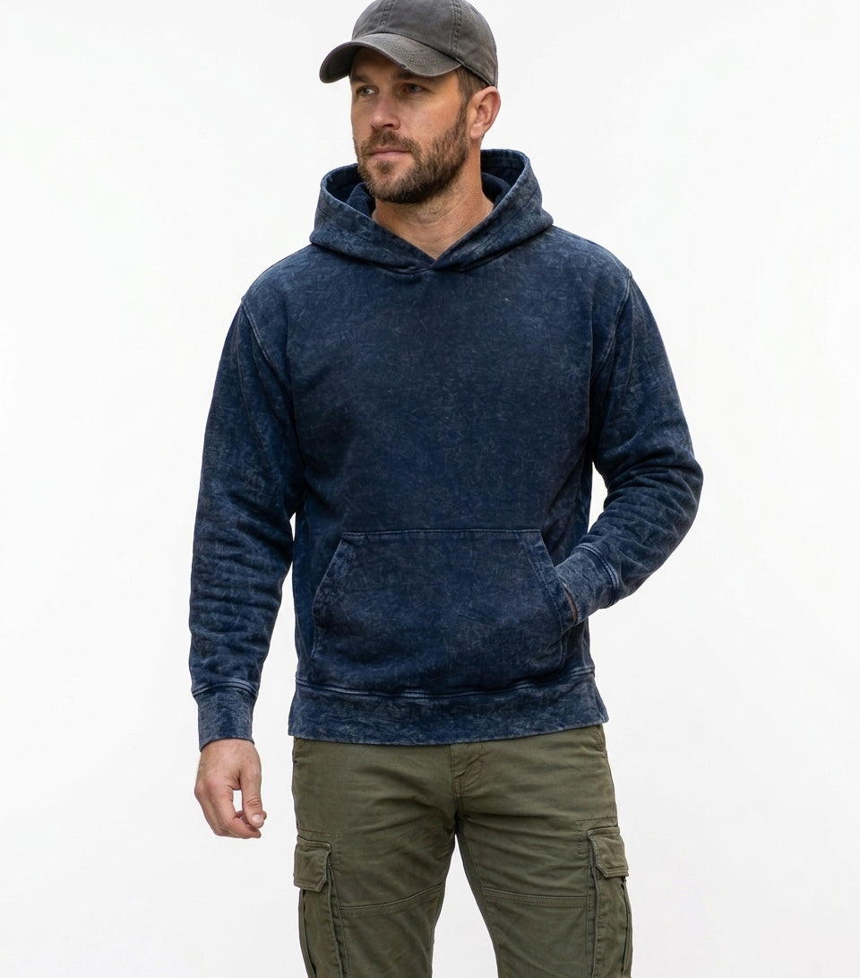 Indigo Dyed Denim Stonewash French Terry Popover Hoodie