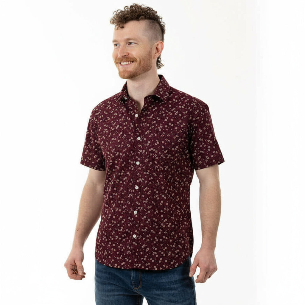 JAMISON Short Sleeve Shirt in Mulberry Purple Japanese Floral Print