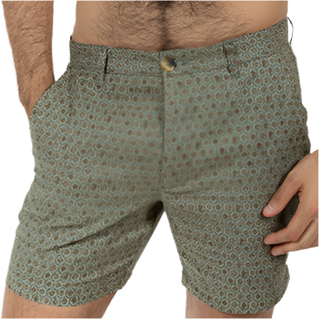 Khaki Japanese Floral Mosaic Print Cotton Shorts - Made in USA