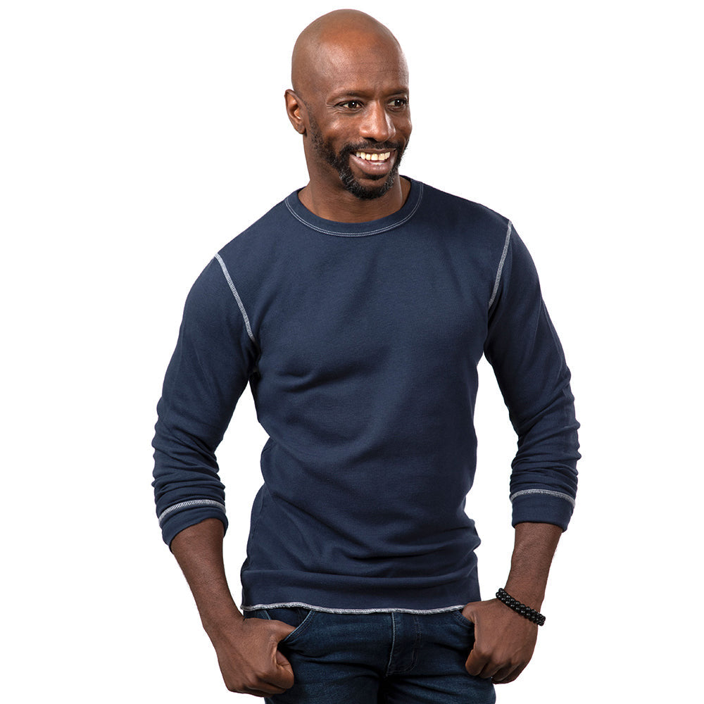 Navy Officer Blue Contrast Stitch Textured Long Sleeve Layering T-Shirt