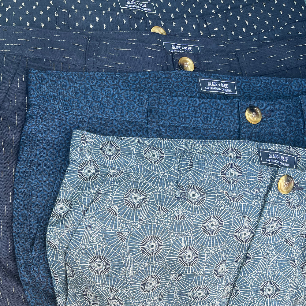 Dark Indigo Blue Japanese Cascading Rays Print Cotton Shorts - Made in USA