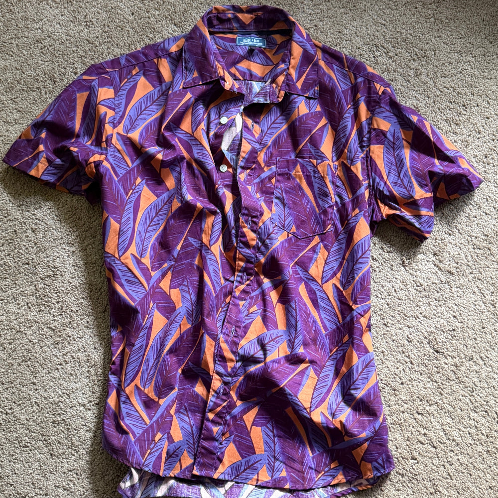 Sample Sale EPS10 : Purple Tropical Print Short Sleeve Shirt: Size LARGE