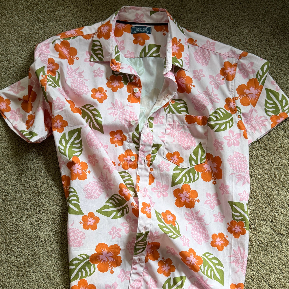 Sample Sale EPS9 : Pink Tropical Print Short Sleeve Shirt: Size SMALL