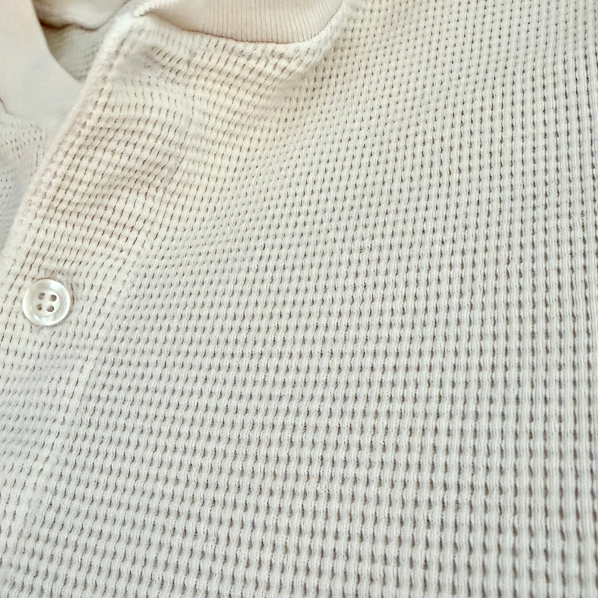"RUSHER": Waffle Stitch Long Sleeve Military Henley Shirt in Ecru - Made in USA