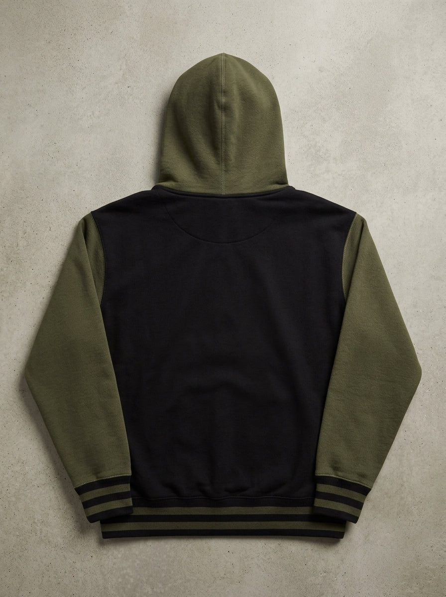 Army Green and Black Full ZIp Fleece Varsity Hoodie