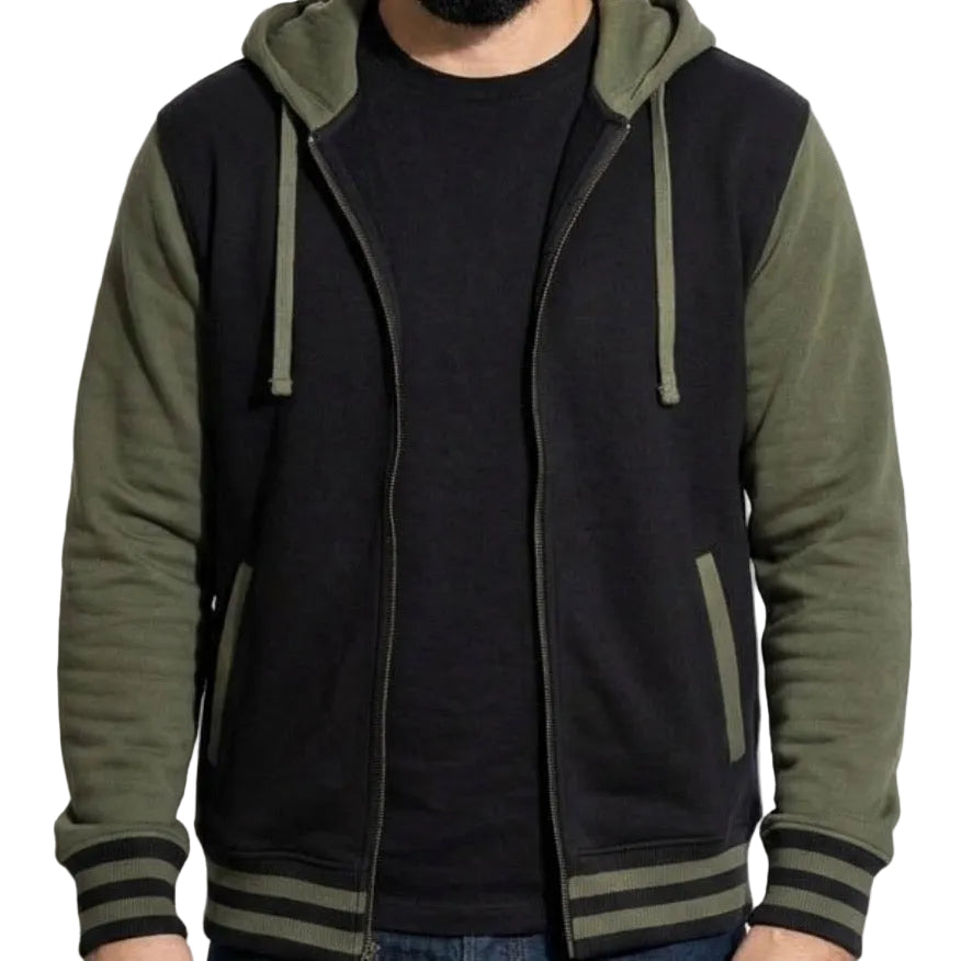 Army Green and Black Full ZIp Fleece Varsity Hoodie
