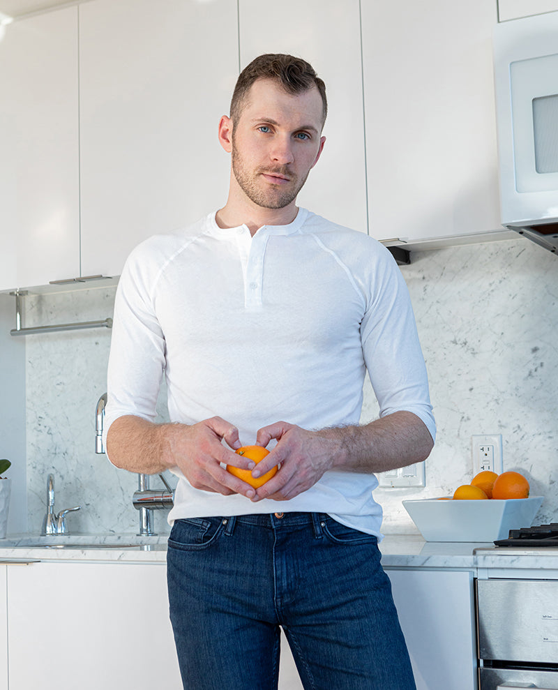Solid White Cotton 3/4 Raglan Sleeve Henley - Made in USA
