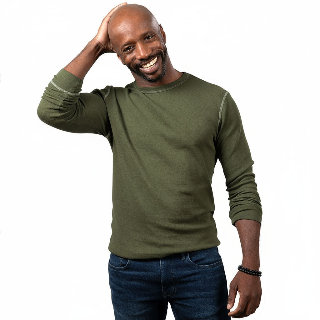 Military Green Contrast Stitch Textured Long Sleeve Layering T-Shirt