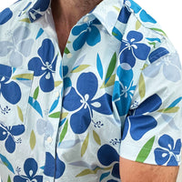 "ANDREW" - Blue & Olive Hibiscus Floral Print Short Sleeve Shirt - Made In USA