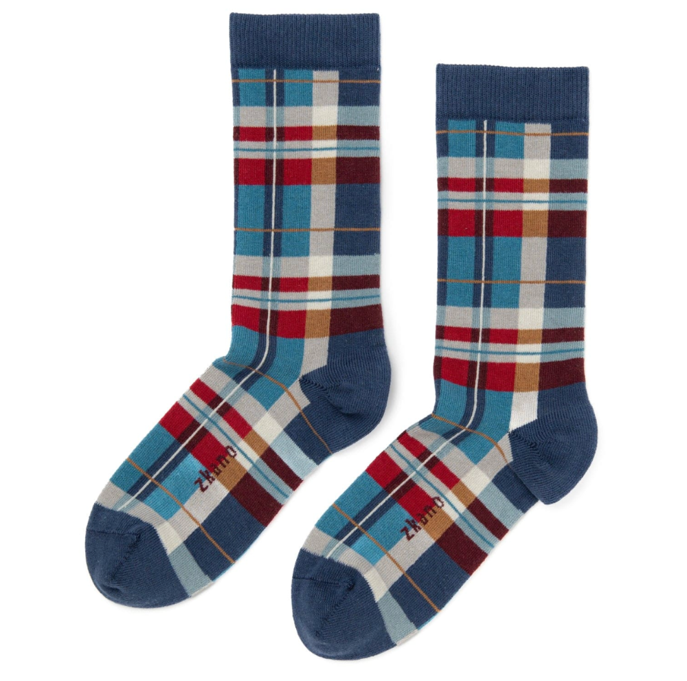 Madras Plaid Crew Sock in Blue - Made In USA by Zkano