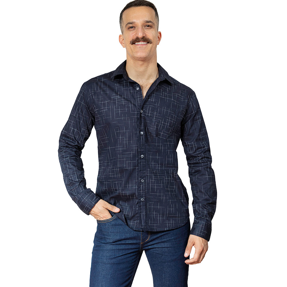 COLBY Long Sleeve Shirt in Navy Japanese Textured Print