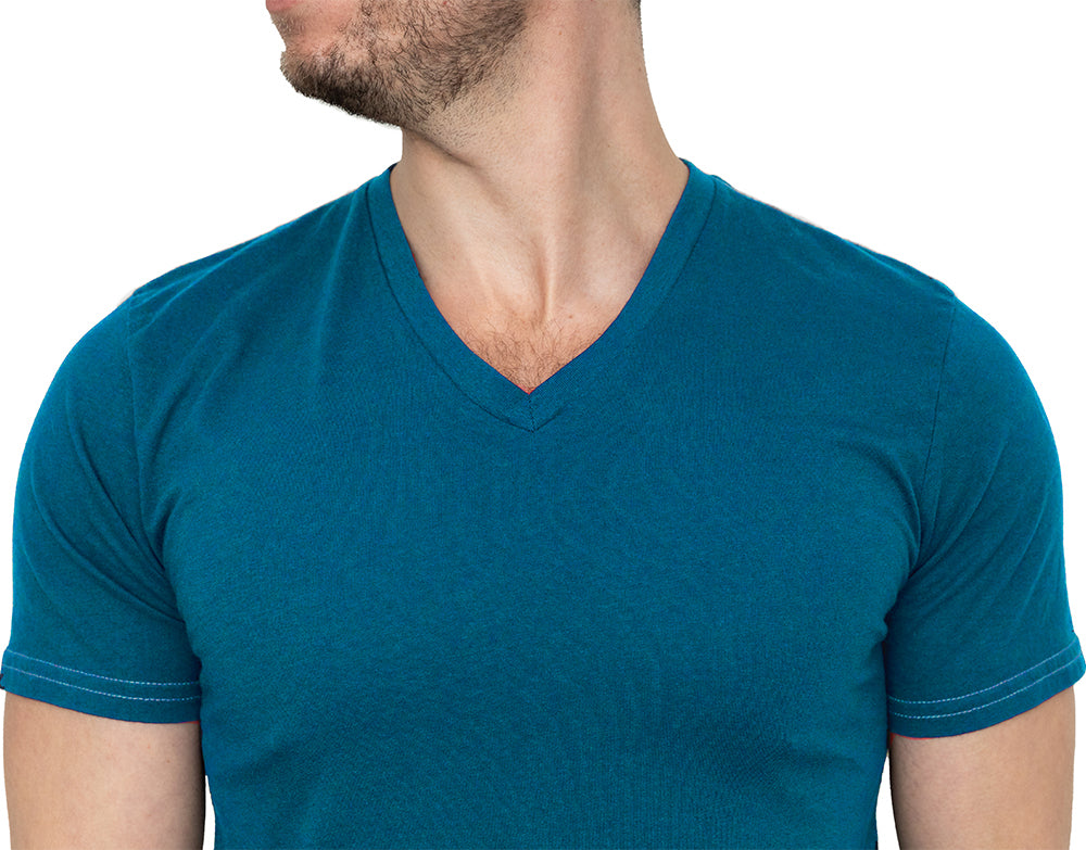 Teal Blue Cotton V-Neck Short Sleeve Tee - Made In USA (Size S)