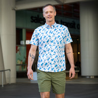 "SILVA" - White With Navy Scattered Floral Print Short Sleeve Shirt - Made In USA